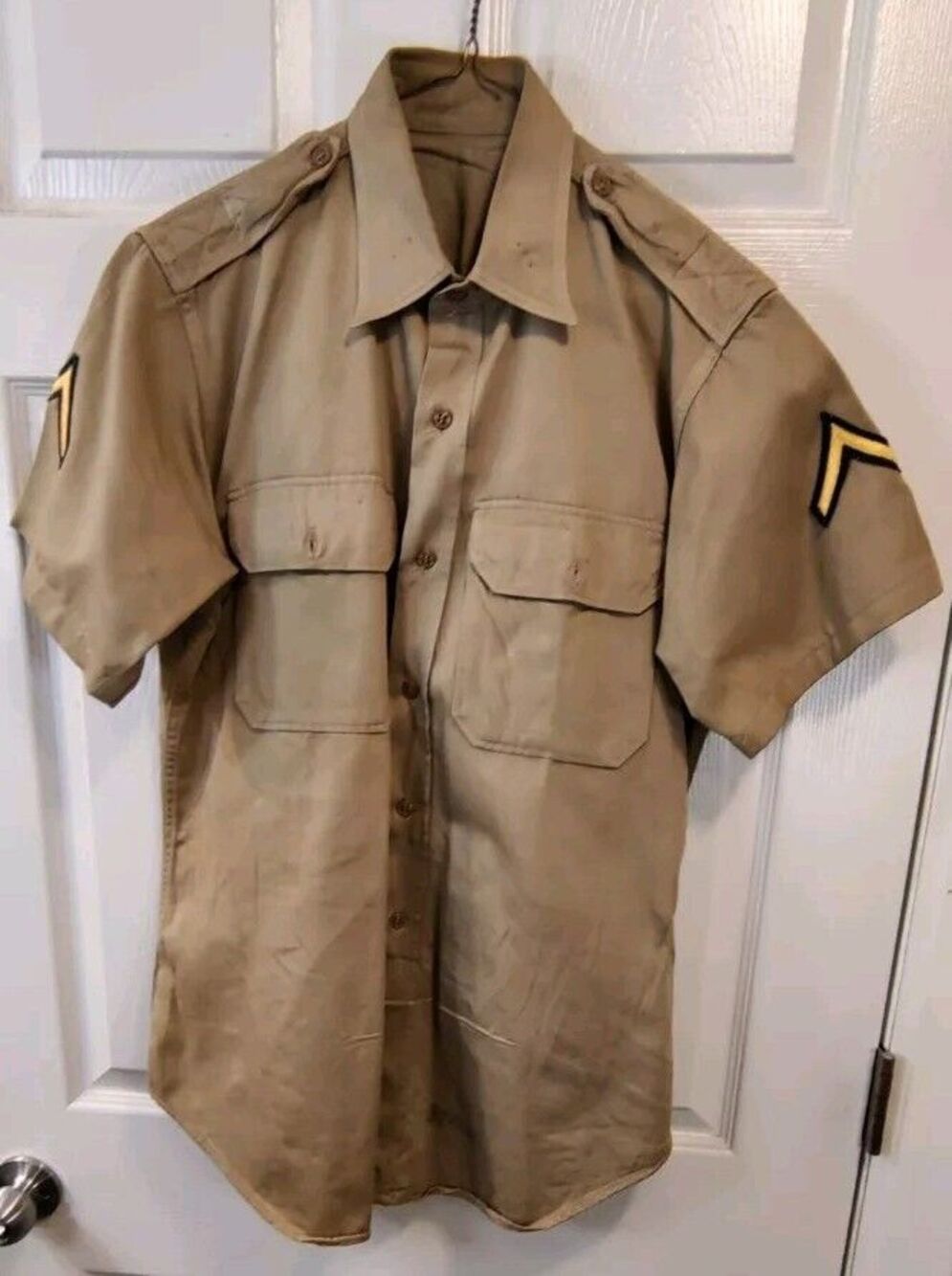 Vtg 60s Military Mens Small 1960 8.2 oz Khaki Field Button Shirt USA 15.5x32